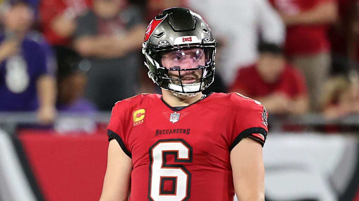 Oct 21, 2024; Tampa, Florida, USA; Tampa Bay Buccaneers quarterback Baker Mayfield (6) reacts after he threw the ball for an interception against the Baltimore Ravens during the first half at Raymond James Stadium. Mandatory Credit: Kim Klement Neitzel-Imagn Images