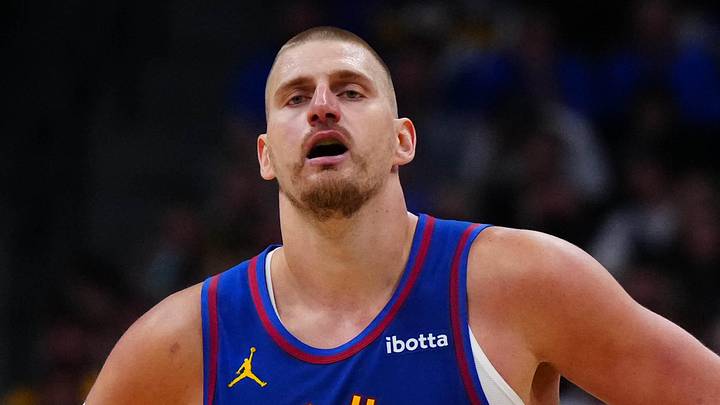Apr 20, 2026; Denver, Colorado, USA; Denver Nuggets center Nikola Jokic (15) reacts in the second half against the Minnesota Timberwolves during game two of the first round of the 2026 NBA Playoffs at Ball Arena. Mandatory Credit: Ron Chenoy-Imagn Images