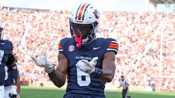 Auburn Tigers wide receiver Cam Coleman (8) celebrates after scoring a touchdown during the second quarter against the Mercer Bears at Jordan-Hare Stadium.