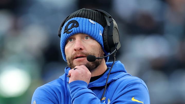 Dec 22, 2024; East Rutherford, New Jersey, USA; Los Angeles Rams head coach Sean McVay coaches against the New York Jets during the fourth quarter at MetLife Stadium. Mandatory Credit: Brad Penner-Imagn Images