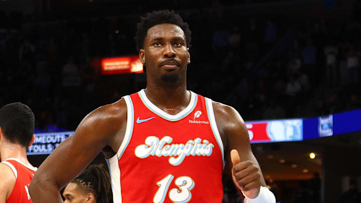 Mar 1, 2025; Memphis, Tennessee, USA; Memphis Grizzlies forward Jaren Jackson Jr. (13) reacts during the fourth quarter against the San Antonio Spurs at FedExForum. Mandatory Credit: Petre Thomas-Imagn Images