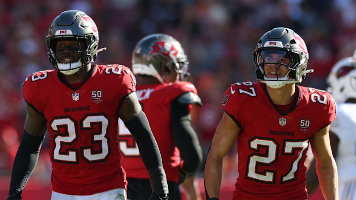 Tampa Bay Buccaneers safety Tykee Smith (23) reacts after recovering a fumble by Arizona Cardinals Tampa Bay Buccaneers safety Tykee Smith (23) reacts after recovering a fumble by Arizona Cardinals