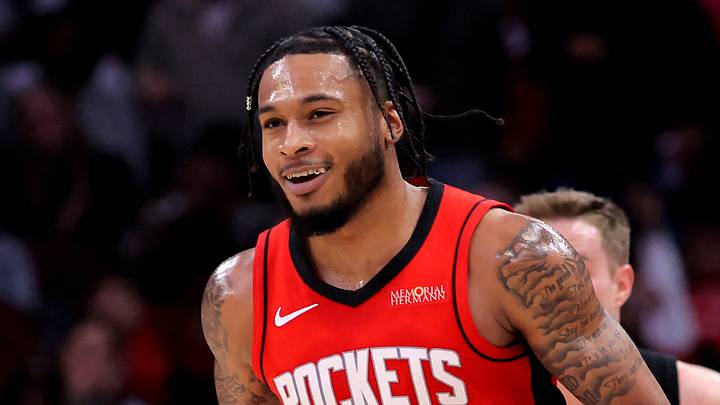 Jan 22, 2025; Houston, Texas, USA; Houston Rockets guard Cam Whitmore (7) reacts after a basket against the Cleveland Cavaliers during the second quarter at Toyota Center. Mandatory Credit: Erik Williams-Imagn Images Jan 22, 2025; Houston, Texas, USA; Houston Rockets guard Cam Whitmore (7) reacts after a basket against the Cleveland Cavaliers during the second quarter at Toyota Center. Mandatory Credit: Erik Williams-Imagn Images