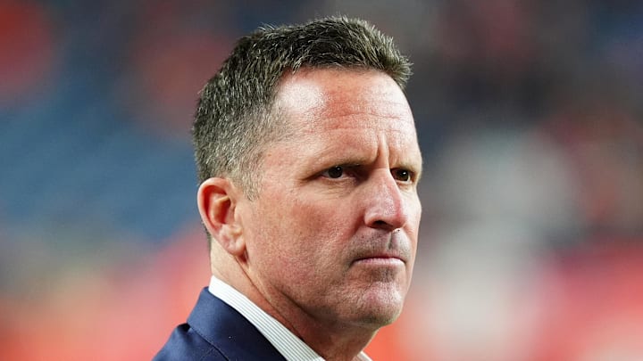 Dec 2, 2024; Denver, Colorado, USA; Denver Broncos general manager George Paton before the game against the Cleveland Browns at Empower Field at Mile High. Mandatory Credit: Ron Chenoy-Imagn Images