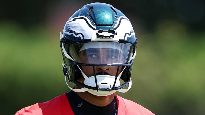 Jun 9, 2026; Philadelphia, PA, USA; Philadelphia Eagles quarterback Jalen Hurts (1) runs drills during minicamp at Jefferson Health Training Complex. Mandatory Credit: Bill Streicher-Imagn Images
