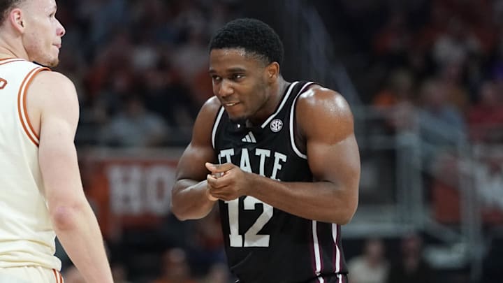 Mississippi State Bulldogs guard Josh Hubbard (12) reacts to a basket as Texas Longhorns guard Chendall Weaver (2) looks on during the second half at Moody Center. Mississippi State Bulldogs guard Josh Hubbard (12) reacts to a basket as Texas Longhorns guard Chendall Weaver (2) looks on during the second half at Moody Center.