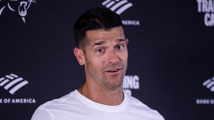 Jul 24, 2025; Charlotte, NC, USA; Carolina Panthers head coach Dave Canales speaks to the media after practice at training camp. Mandatory Credit: Scott Kinser-Imagn Images