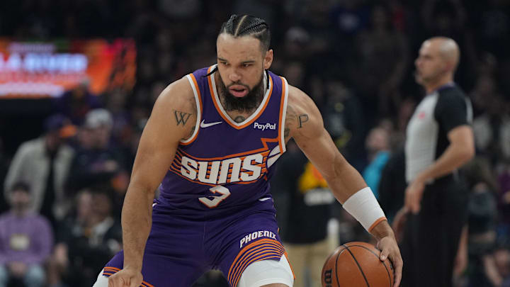Feb 7, 2026; Phoenix, Arizona, USA; Phoenix Suns forward Dillon Brooks (3) warms up before an NBA game against the Philadelphia 76ers at Mortgage Matchup Center. Mandatory Credit: Rick Scuteri-Imagn Images