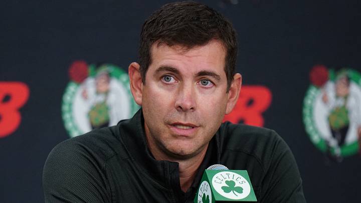 Sep 29, 2025; Boston, MA, USA; Boston Celtics president of basketball operations Brad Stevens talks to reporters during media day at the Auerbach Center. Mandatory Credit: David Butler II-Imagn Images
