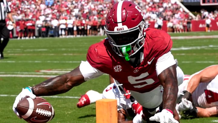 Alabama receiver Germie Bernard (5) dives for a score at the pylon against Wisconsin. Alabama receiver Germie Bernard (5) dives for a score at the pylon against Wisconsin.