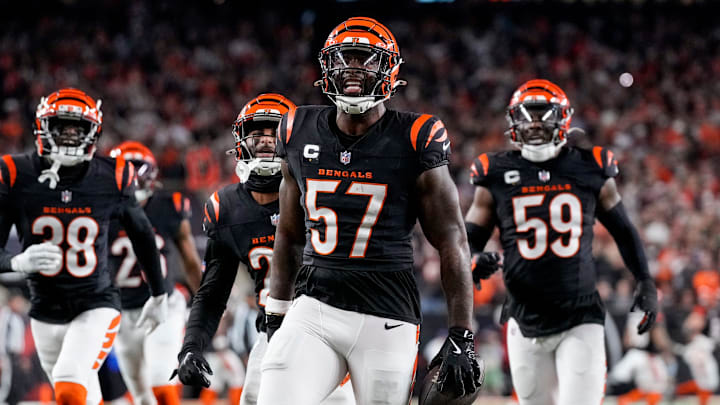Cincinnati Bengals linebacker Germaine Pratt (57) celebrates an interception in the fourth quarter of the NFL Week 17 game between the Cincinnati Bengals and the Denver Broncos at Paycor Stadium in downtown Cincinnati on Saturday, Dec. 28, 2024. The Bengals took a 30-24 win in overtime to remain in the post season chase.