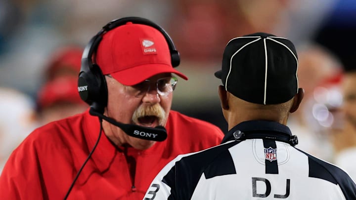 Kansas City Chiefs head coach Andy Reid disutes a call with down judge Patrick Turner (13) during the first quarter of an NFL football matchup at EverBank Stadium, Monday, Oct. 6, 2025, in Jacksonville, Fla. The Jacksonville Jaguars edged the Kansas City Chiefs 31-28. [Corey Perrine/Florida Times-Union]