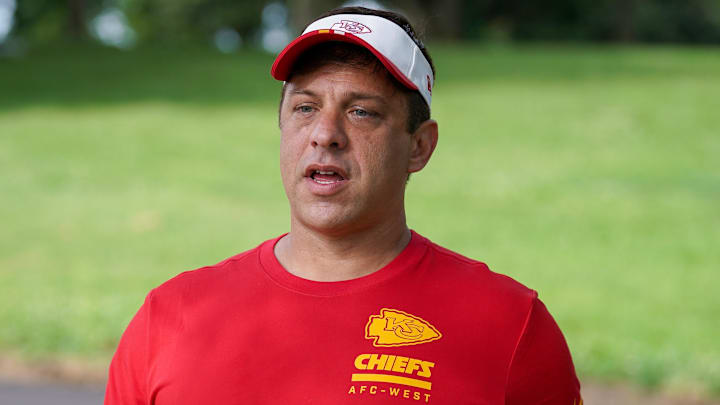 Jul 22, 2025; St. Joseph, MO, USA; Kansas City Chiefs general manager Brett Veach walks down the hill to the fields during training camp at Missouri Western State University. Mandatory Credit: Denny Medley-Imagn Images