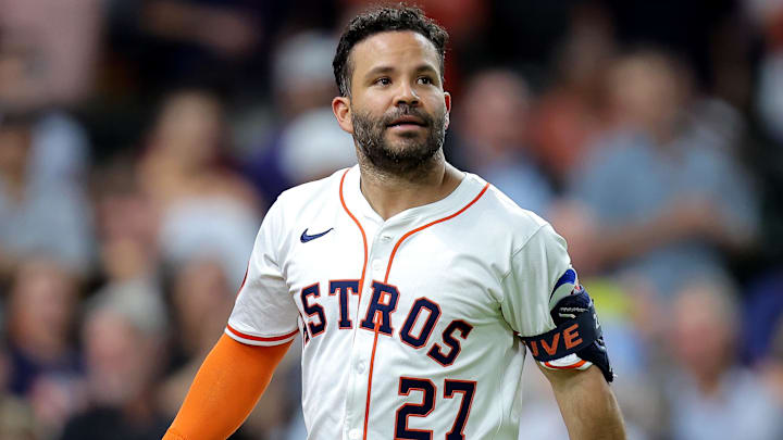 May 22, 2025; Houston, Texas, USA; Houston Astros left fielder Jose Altuve (27) walks to the dugout after hitting a two run home run against the Seattle Mariners during the sixth inning at Daikin Park