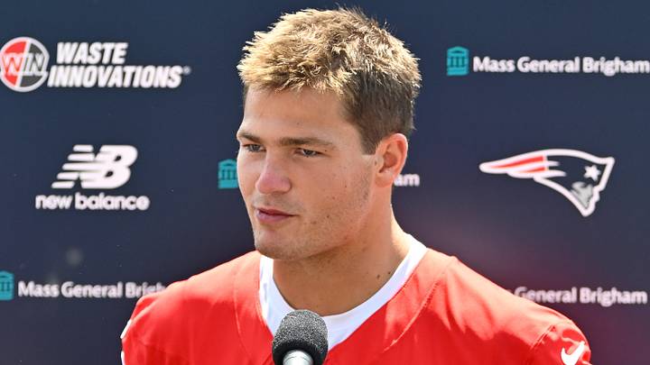 Jul 25, 2026; Foxborough, MA, USA; New England Patriots quarterback Drake Maye (10) answers questions from the media after training camp at Gillette Stadium. Mandatory Credit: Eric Canha-Imagn Images Jul 25, 2026; Foxborough, MA, USA; New England Patriots quarterback Drake Maye (10) answers questions from the media after training camp at Gillette Stadium. Mandatory Credit: Eric Canha-Imagn Images