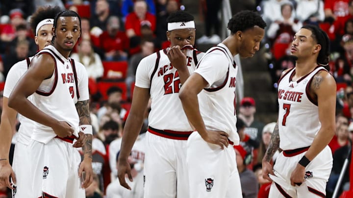 Jan 17, 2026; Raleigh, North Carolina, USA; NC State Wolfpack looks onto the Georgia Tech Yellow Jackets bench during the second half of the game against the Georgia Tech Yellow Jackets at Lenovo Center. Mandatory Credit: Jaylynn Nash-Imagn Images