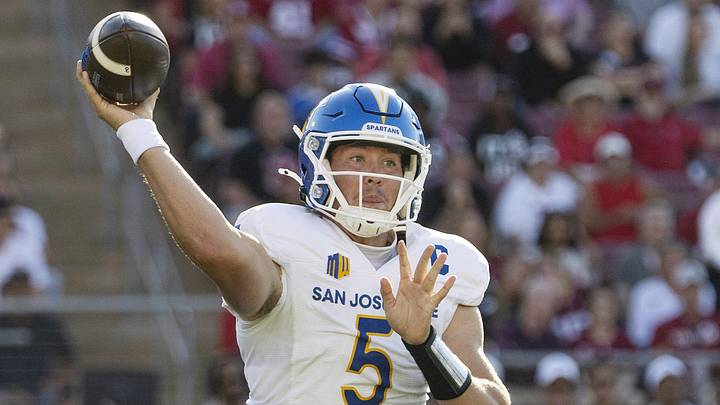 Sep 27, 2025; Stanford, California, USA; San Jose State Spartans quarterback Walker Eget (5) throws the football during the first quarter against the Stanford Cardinal at Stanford Stadium. Mandatory Credit: Stan Szeto-Imagn Images
Sep 27, 2025; Stanford, California, USA; San Jose State Spartans quarterback Walker Eget (5) throws the football during the first quarter against the Stanford Cardinal at Stanford Stadium. Mandatory Credit: Stan Szeto-Imagn Images
