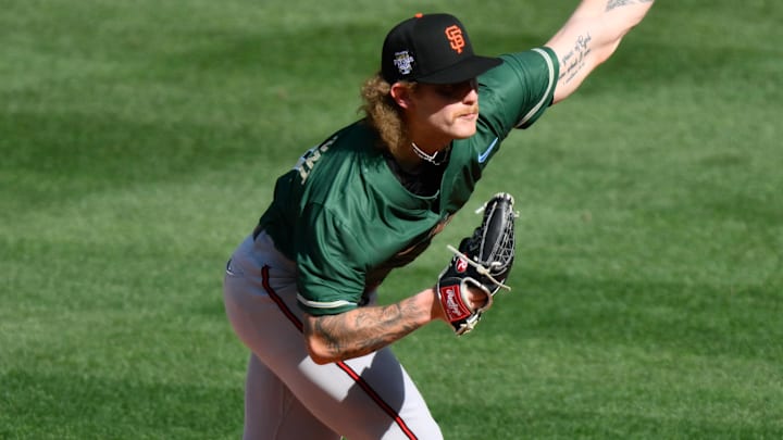 Jul 8, 2023; Seattle, Washington, USA; National League Futures relief pitcher Carson Whisenhunt (18) of the San Francisco Giants pitches to the American League during the third inning of the All Star-Futures game at T-Mobile Park.