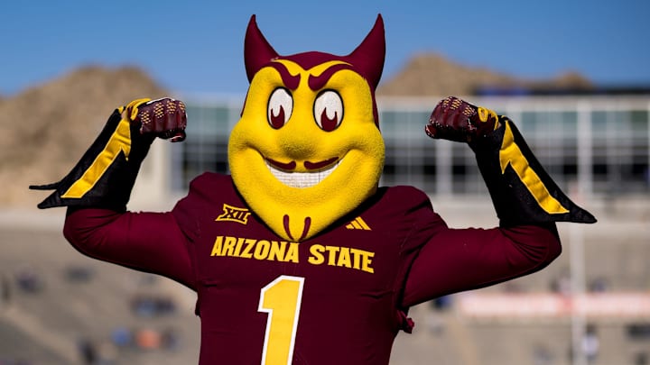 Sparky the Sun Devil poses for a photo as Arizona State warms up before facing Duke in the Tony the Tiger Sun Bowl at Sun Bowl Stadium in El Paso, Texas, on Wednesday, Dec. 31, 2025.