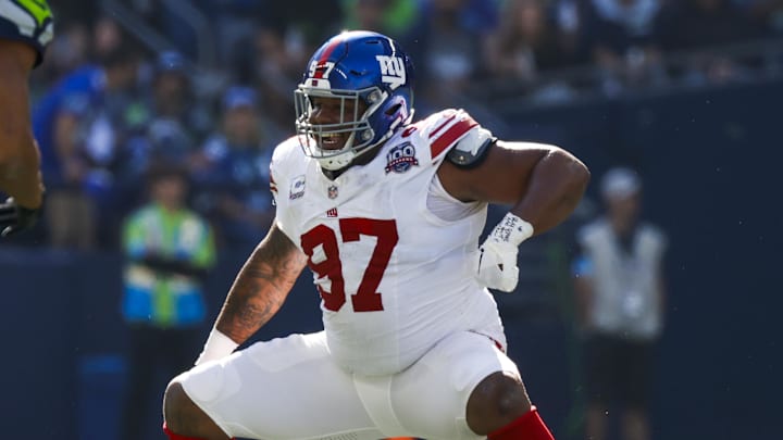 Oct 6, 2024; Seattle, Washington, USA; New York Giants defensive tackle Dexter Lawrence II (97) celebrates following a sack against the Seattle Seahawks during the second quarter at Lumen Field. Mandatory Credit: Joe Nicholson-Imagn Images