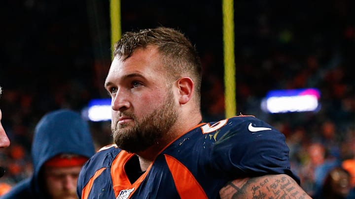Dec 1, 2019; Denver, CO, USA; Denver Broncos offensive guard Dalton Risner (66) talks with offensive line coach Mike Munchak in the fourth quarter against the Los Angeles Chargers at Empower Field at Mile High. Mandatory Credit: Isaiah J. Downing-Imagn Images
