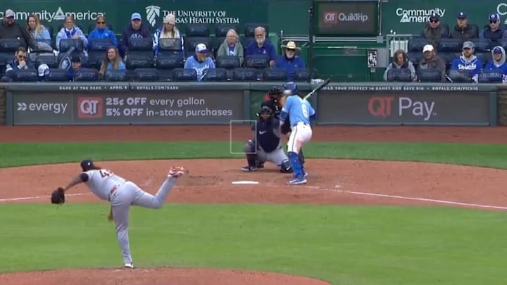 Cleveland Guardians closer Emmanuel Clase hits Kansas City Royals infielder Jonathan India with a fastball.