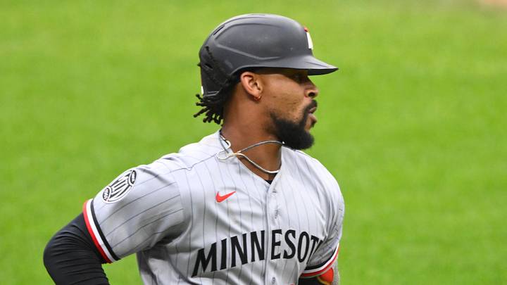 Jul 20, 2026; Cleveland, Ohio, USA; Minnesota Twins center fielder Byron Buxton (25) runs out a single in the third inning against the Cleveland Guardians at Progressive Field. Mandatory Credit: David Richard-Imagn Images