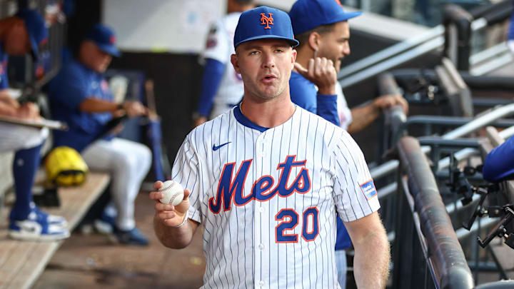 Aug 12, 2025; New York City, New York, USA;  New York Mets first baseman Pete Alonso (20) at Citi Field. Mandatory Credit: Wendell Cruz-Imagn Images