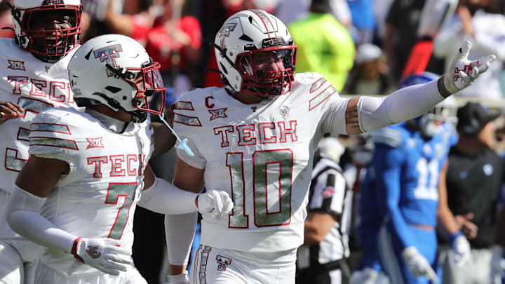 Texas Tech Red Raiders defensive back Jacob Rodriguez (10) reacts after a play against the BYU Cougars at Jones AT&T Stadium