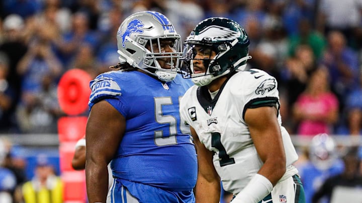 Detroit Lions defensive tackle Alim McNeill (54) reacts to a play against Philadelphia Eagles quarterback Jalen Hurts (1) 