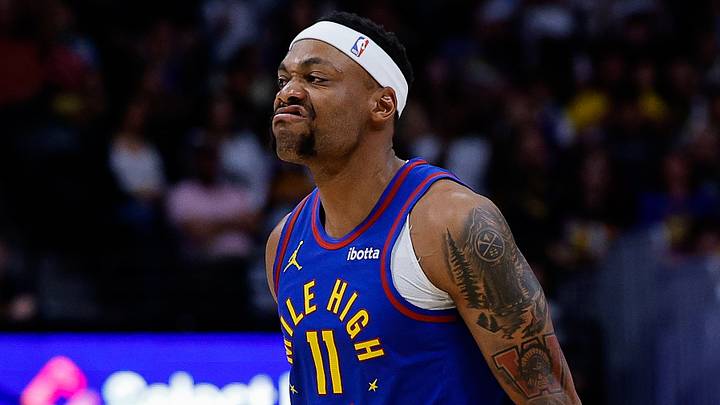 Mar 29, 2026; Denver, Colorado, USA; Denver Nuggets guard Bruce Brown (11) reacts after a play in the second quarter against the Golden State Warriors at Ball Arena. Mandatory Credit: Isaiah J. Downing-Imagn Images