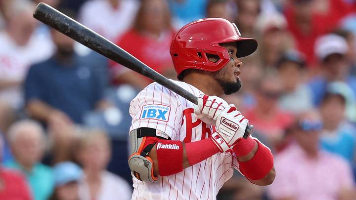 Aug 4, 2026; Philadelphia, Pennsylvania, USA; Philadelphia Phillies second baseman Luis Arraez (4) hits an RBI single against the Washington Nationals during the first inning at Citizens Bank Park. Mandatory Credit: Bill Streicher-Imagn Images Aug 4, 2026; Philadelphia, Pennsylvania, USA; Philadelphia Phillies second baseman Luis Arraez (4) hits an RBI single against the Washington Nationals during the first inning at Citizens Bank Park. Mandatory Credit: Bill Streicher-Imagn Images