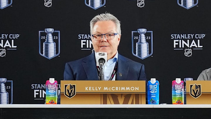 Jun 2, 2023; Las Vegas, Nevada, USA; Vegas Golden Knights general manager Kelly McCrimmon and Vegas Golden Knights head coach Bruce Cassidy take questions during media day in advance of the 2023 Stanley Cup Final. Mandatory Credit: Stephen R. Sylvanie-Imagn Images