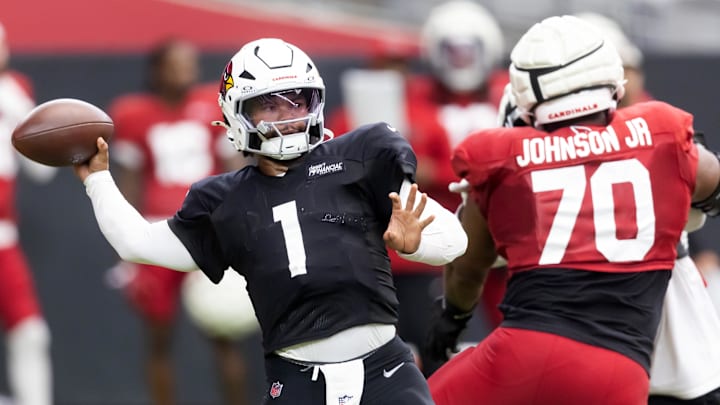 Jul 29, 2025; Glendale, AZ, USA; Arizona Cardinals quarterback Kyler Murray (1) during training camp at State Farm Stadium. Mandatory Credit: Mark J. Rebilas-Imagn Images
