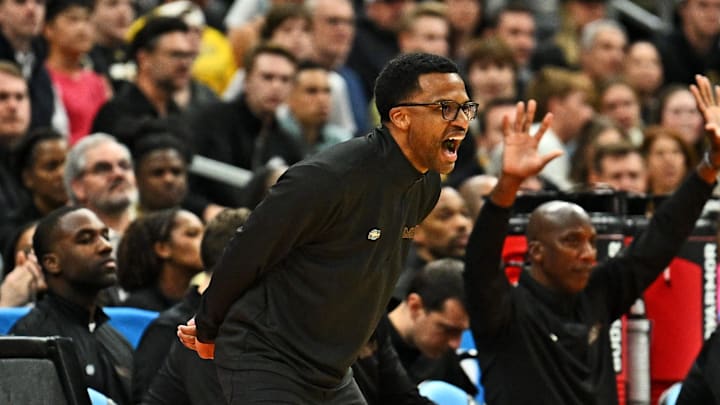 Mar 20, 2026; St. Louis, MO, USA; Miami (FL) Hurricanes head coach Jai Lucas reacts during the first half against Missouri Tigers during a first round game of the men's 2026 NCAA Tournament at Enterprise Center. Mandatory Credit: Jeff Le-Imagn Images