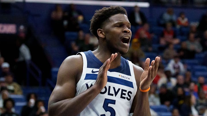 Dec 2, 2025; New Orleans, Louisiana, USA;  Minnesota Timberwolves guard Anthony Edwards (5) reacts during the second half against the New Orleans Pelicans at Smoothie King Center. Images