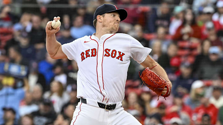Sep 22, 2024; Boston, Massachusetts, USA; Boston Red Sox starting pitcher Nick Pivetta (37) pitches against the Minnesota Twins during the fourth inning at Fenway Park.