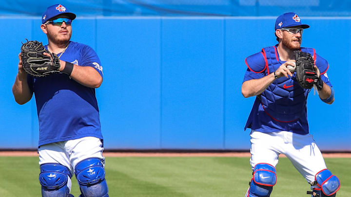 Feb 25, 2021; Dunedin, FL, USA;  Toronto Blue Jays catchers Alejandro Kirk (left) and Danny Jansen
