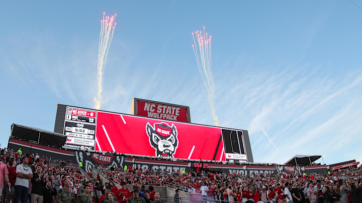 Nov 9, 2024; Raleigh, North Carolina, USA; North Carolina State Wolfpack scores during the first half of the game against Duke Blue Devils at Carter-Finley Stadium. Mandatory Credit: Jaylynn Nash-Imagn Images Nov 9, 2024; Raleigh, North Carolina, USA; North Carolina State Wolfpack scores during the first half of the game against Duke Blue Devils at Carter-Finley Stadium. Mandatory Credit: Jaylynn Nash-Imagn Images