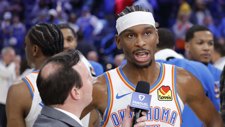 Jan 7, 2026; Oklahoma City, Oklahoma, USA; Oklahoma City Thunder guard Shai Gilgeous-Alexander (2) speaks to the media following their game against the Utah Jazz during the second half at Paycom Center. Mandatory Credit: Alonzo Adams-Imagn Images