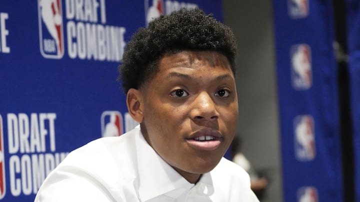 May 14, 2025; Chicago, Il, USA; Ace Bailey talks to the media during the 2025 NBA Draft Combine at Marriott Marquis Chicago. Mandatory Credit: David Banks-Imagn Images