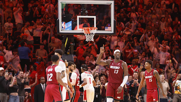 Mar 10, 2026; Miami, Florida, USA;  Miami Heat center Bam Adebayo (13) reacts after becoming the NBA's second highest scorer of points in a game against the Wshington Wizards at Kaseya Center. Mandatory Credit: Rhona Wise-Imagn Images