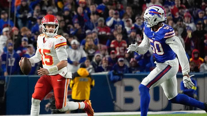 Nov 2, 2025; Orchard Park, New York, USA; Kansas City Chiefs quarterback Patrick Mahomes (15) runs out of the pocket in the second quarter against the Buffalo Bills at Highmark Stadium. Mandatory Credit: Gregory Fisher-Imagn Images