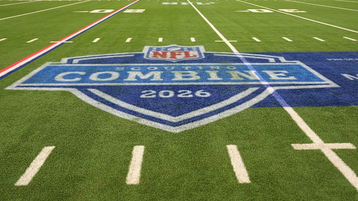 Mar 1, 2026; Indianapolis, IN, USA; The NFL Scouting Combine logo on the field at Lucas Oil Stadium. Mandatory Credit: Kirby Lee-Imagn Images