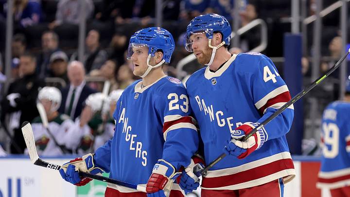 Oct 20, 2025; New York, New York, USA; New York Rangers defenseman Vladislav Gavrikov (44) talks to defenseman Adam Fox (23) during the first period against the Minnesota Wild at Madison Square Garden. Oct 20, 2025; New York, New York, USA; New York Rangers defenseman Vladislav Gavrikov (44) talks to defenseman Adam Fox (23) during the first period against the Minnesota Wild at Madison Square Garden.
