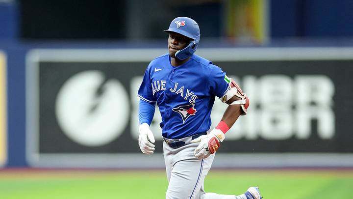 Aug 20, 2026; St. Petersburg, Florida, USA; Toronto Blue Jays left fielder Daz Cameron (23) runs the bases after hitting a home run against the Tampa Bay Rays in the fifth inning at Tropicana Field. Mandatory Credit: Nathan Ray Seebeck-Imagn Images