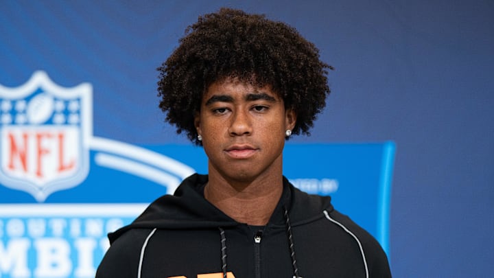 Feb 27, 2026; Indianapolis, IN, USA; Southern California wideout Ja'Kobi Lane (WO27) speaks to members of the media during the NFL Combine at the Indiana Convention Center. Mandatory Credit: Jacob Musselman-Imagn Images Feb 27, 2026; Indianapolis, IN, USA; Southern California wideout Ja'Kobi Lane (WO27) speaks to members of the media during the NFL Combine at the Indiana Convention Center. Mandatory Credit: Jacob Musselman-Imagn Images