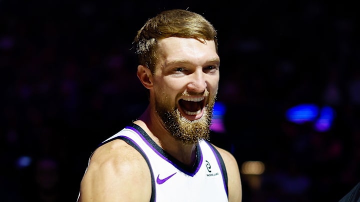 Oct 8, 2025; Sacramento, California, USA; Sacramento Kings forward/center Domantas Sabonis (11) is introduced during player introductions before the game against the Toronto Raptors at Golden 1 Center. Mandatory Credit: Sergio Estrada-Imagn Images