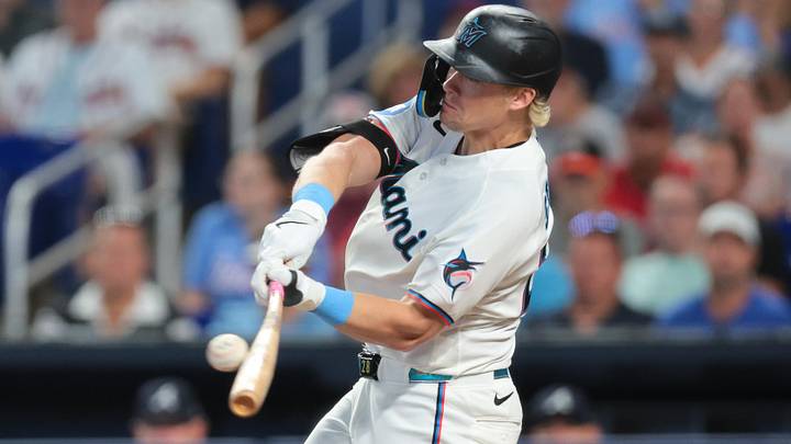 Miami Marlins left fielder Kyle Stowers (28) hits a home run against the Atlanta Braves at loanDepot Park. Miami Marlins left fielder Kyle Stowers (28) hits a home run against the Atlanta Braves at loanDepot Park.