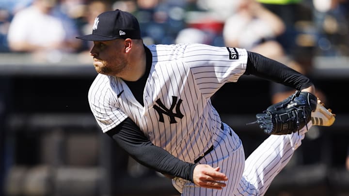 Feb 21, 2026; Tampa, Florida, USA; New York Yankees pitcher David Bednar (53) throws a pitch against the Detroit Tigers during the fourth inning in a Spring Training game at George M. Steinbrenner Field. Mandatory Credit: Morgan Tencza-Imagn Images